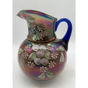 Vintage Cobalt Carnival Glass Cherry Blossom Water Pitcher Irredescent Read!!